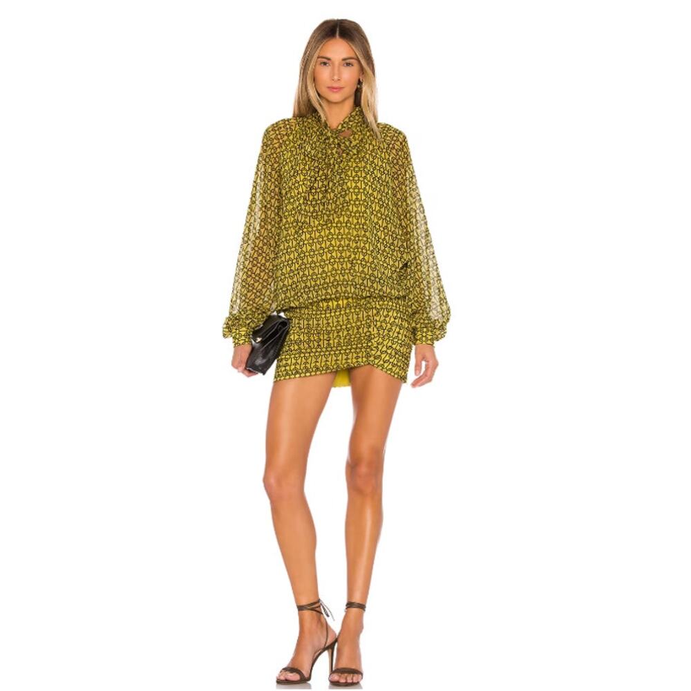NEW L’Academie Mini Dress Womens Small Yellow Chain Print Tie Neck Chic Designer